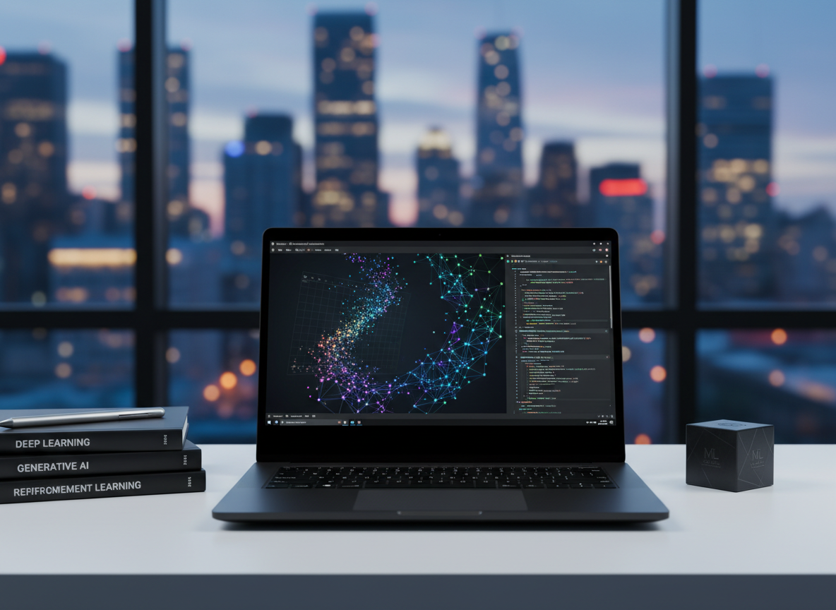 A sleek black laptop with a matte finish stands open on a clean white desk, its screen filled with a colorful 3D scatter plot and neural network diagram, crisp code visible in a modern IDE. Around it lie neatly stacked technical notebooks, a silver pen, and a small dark-gray cube representing an abstract “ML model.” Through a large window in the background, an out-of-focus city skyline glows at dusk. Soft, cool-toned studio lighting from the side creates gentle reflections on the laptop edges and subtle shadows under objects. Shot at eye level with shallow depth of field, the scene feels professional, focused, and quietly ambitious, in a photographic realism style with a clean, modern aesthetic suited to a machine learning blog homepage.