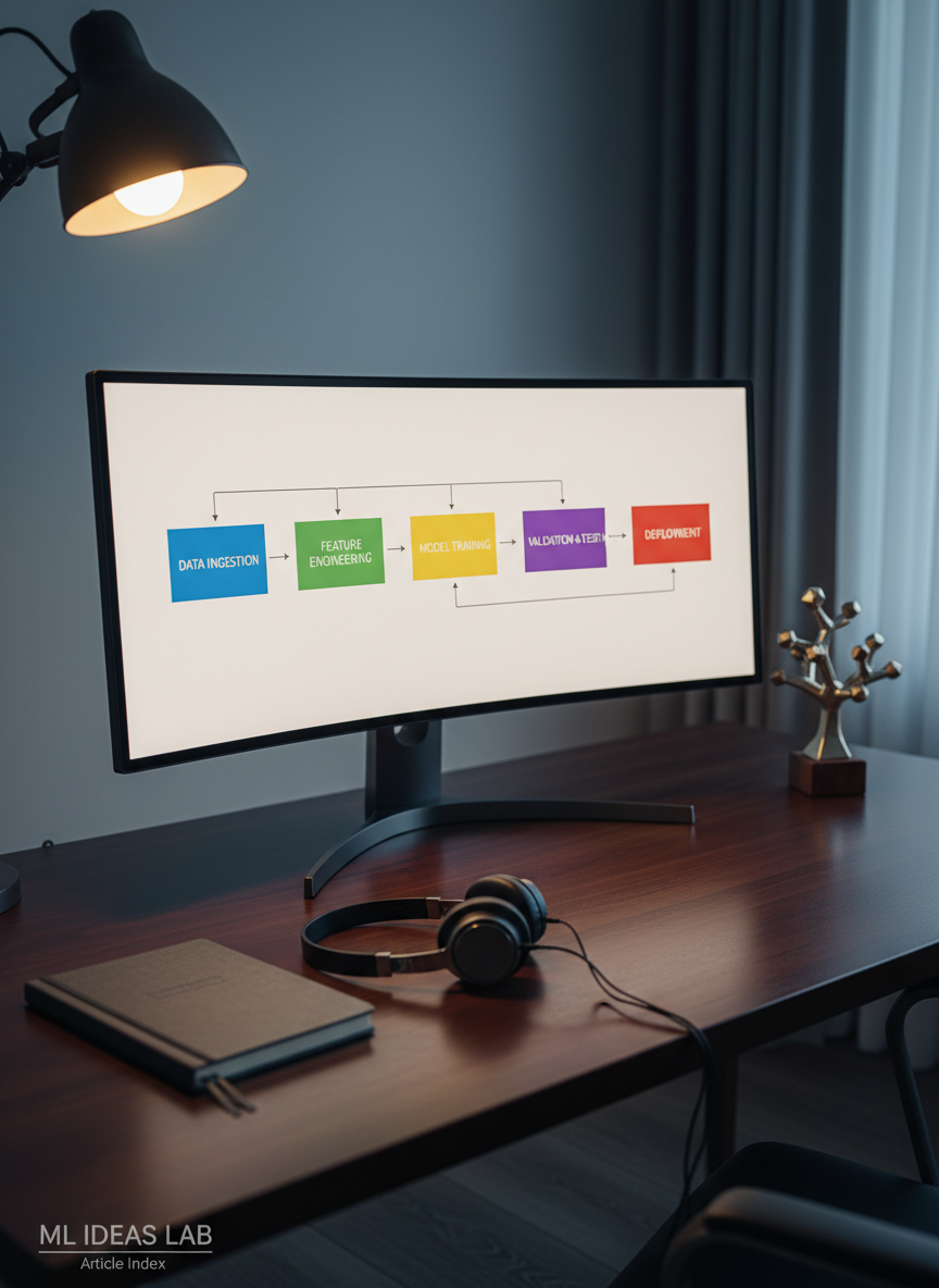 An elegant dark-wood desk holds a wide ultra-high-resolution monitor displaying a structured machine learning workflow: colorful boxes for data, features, training, validation, and deployment arranged in a clear pipeline. On the desk sit a closed graphite-gray notebook, a pair of minimalist over-ear headphones, and a small geometric sculpture shaped like a decision tree. Warm, directional desk-lamp lighting falls from the top left, contrasting with cooler ambient light from a nearby unseen window, creating a balanced, thoughtful atmosphere. Captured from a slightly elevated angle with a medium depth of field, the composition follows the rule of thirds, emphasizing the workflow on screen. The photographic image feels organized, precise, and professional, perfectly aligned with an ML Ideas Lab article index.
